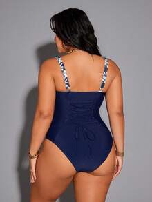 Shapewave 2026 New Summer Beach Vacation Casual Conservative Drawstring Back One-Piece Plus Size Swimsuit - Blue and White - View 7