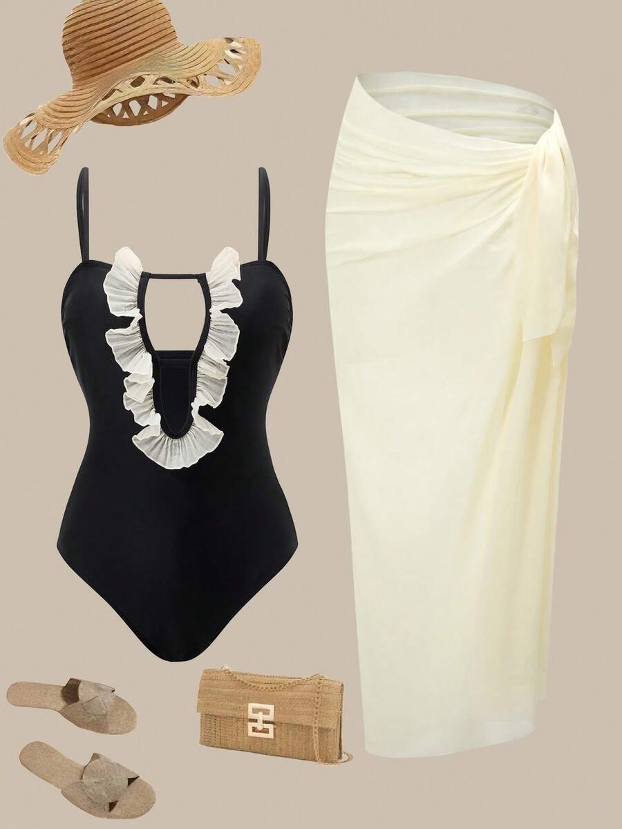 Swim Oasis 女士度假拼接荷叶边镂空设计时尚吊带连体泳衣，带罩衫和裙子 - 黑色 - 查看 1