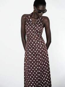 Lumivelle Women's Sleeveless Polka Dot Belted Dress With Mandarin Collar And Open Front - Dark Brown - View 5