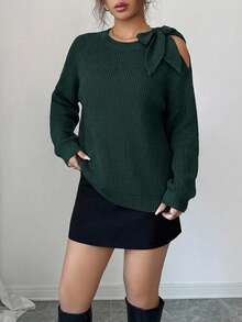 Casual Solid Color Shoulder Tie Raglan Sleeve Loose Knit Sweater, Autumn/Winter - Dark Green - View 5