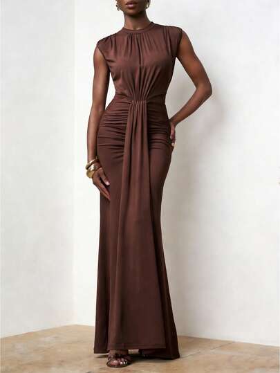 Zivah 2026 Spring/Summer New Arrival Sleeveless Mandarin Collar Twist Front Waist Ruched A-Line Dress, Deep Brown Color, Spring/Summer Dress, Party Dress, Sexy Dress, Elegant Dress, Wedding Guest Dress, Women Dress