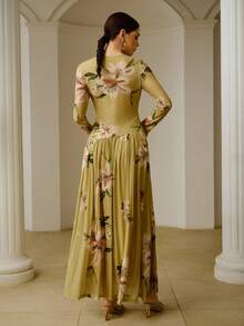 ZEYLAH 女士花卉印花网眼圆领长袖荷叶边优雅针织连衣裙 - 綠色 - 查看 4