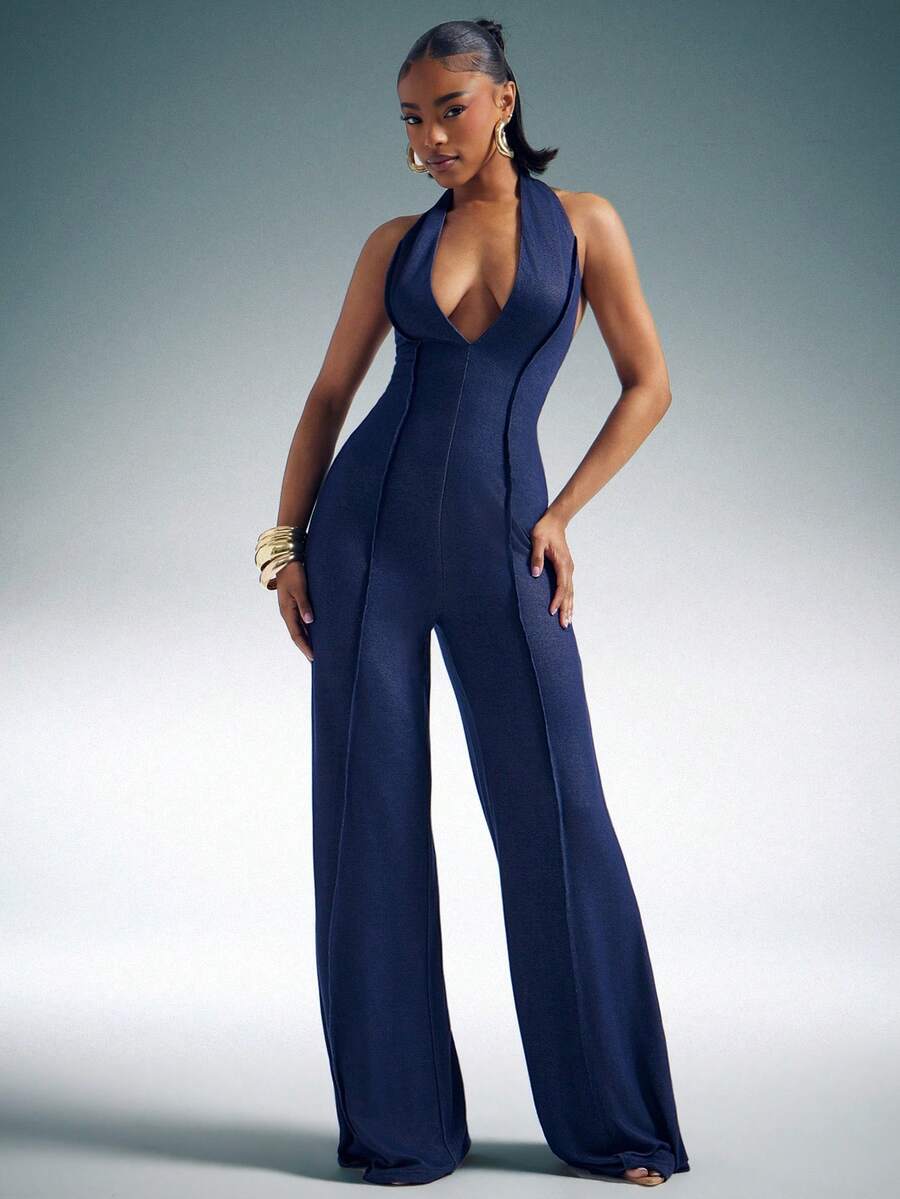 Denimoi 阔腿低领露背连体裤 性感连体裤 早午餐穿搭 露背度假装 - 藏蓝色 - 查看 1