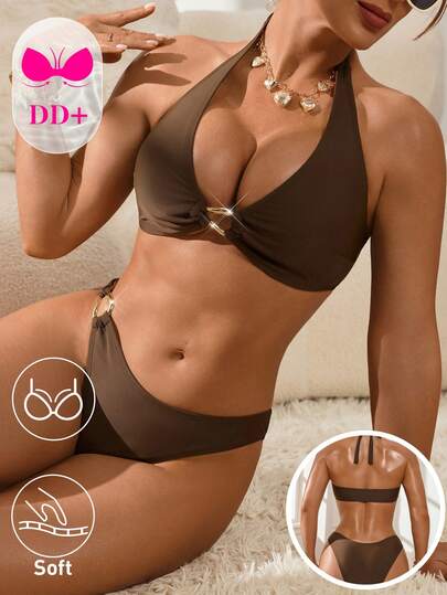 Swim DD+ Women's Summer Beach Solid Color Metal Decor Halter Tie Sexy Bikini Swimwear Set  Pushup Bikini Swimsuits For Woman Push Up Bathing Suit Push Up Swimsuit Sets For Woman Plus Swimwear Push Up Bikini Pushup Swimsuit