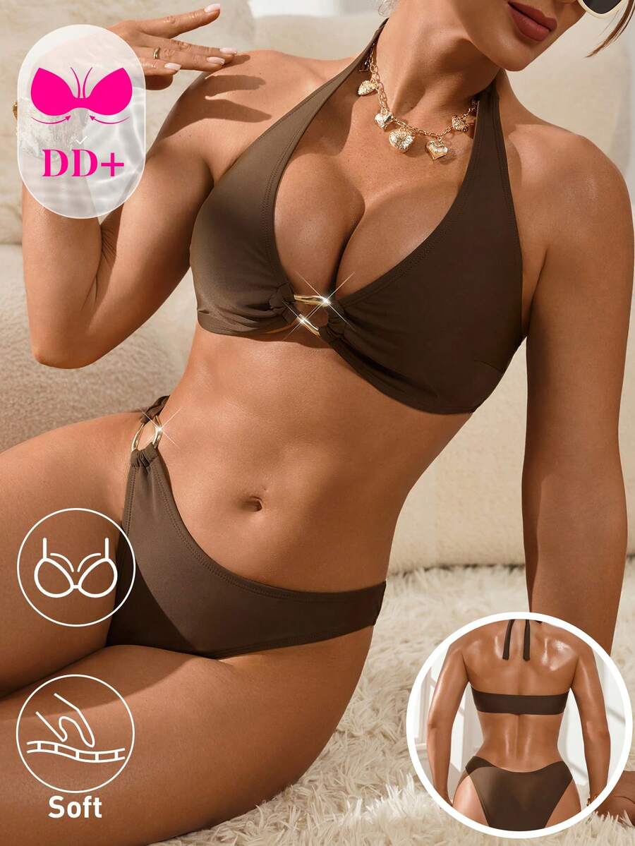 Swim DD+ 女士夏季沙滩纯色金属装饰挂脖系带性感比基尼泳装套装，聚拢比基尼泳衣，女士聚拢泳装，聚拢泳衣套装，加大码泳装，聚拢比基尼，聚拢泳衣，女士比基尼套装，女士两件套，女士泳装两件套比基尼套装