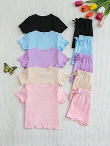 SHEIN Playful Pals 5組幼兒女嬰可愛休閒粉色夏季羅紋針織荷葉邊短袖T恤與短褲兩件套套裝，適合工作與旅行 - 彩色 - 查看 8