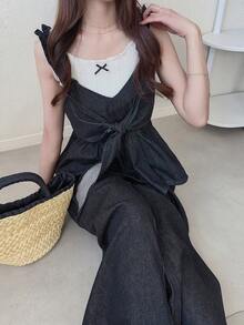 FRIFUL Women's Casual Denim Set With Knotted Design Blouse And Wide Leg Pants - Dark Grey - View 3