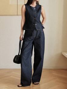 Dazy-Less Bộ đồ denim nữ phong cách xuân/hè, dáng rộng thoải mái, kiểu dáng nghỉ dưỡng, áo vest không tay màu xanh dương và quần ống rộng thẳng, sang trọng kiểu cổ điển. Phong cách công sở thường ngày. - Màu xanh lam - Xem 4