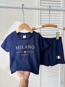 2 paquets Garçons bébé Style décontracté scolaire Confortable Mode simple Pratique Polyvalent Doux Confortable Respirant Manches courtes avec motif de lettres contrastées Convient pour le port quotidien, l'école, les sorties, les sports et le printemps/été - Bleu azur - Voir 6