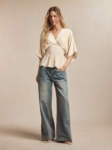 BizChic Áo kiểu nữ mùa xuân/hè mới, màu mơ, kẻ sọc dọc, tay raglan nhún bèo, eo chun, gấu áo xếp ly, tôn dáng. - Nhiều màu - Xem 5