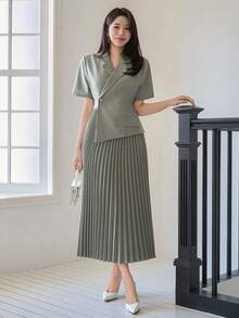 DAZY Đầm dài tay cài một nút màu trơn thanh lịch dành cho nữ, đầm dự tiệc cưới, đầm hè cho nữ. - màu xanh lá - Xem 1