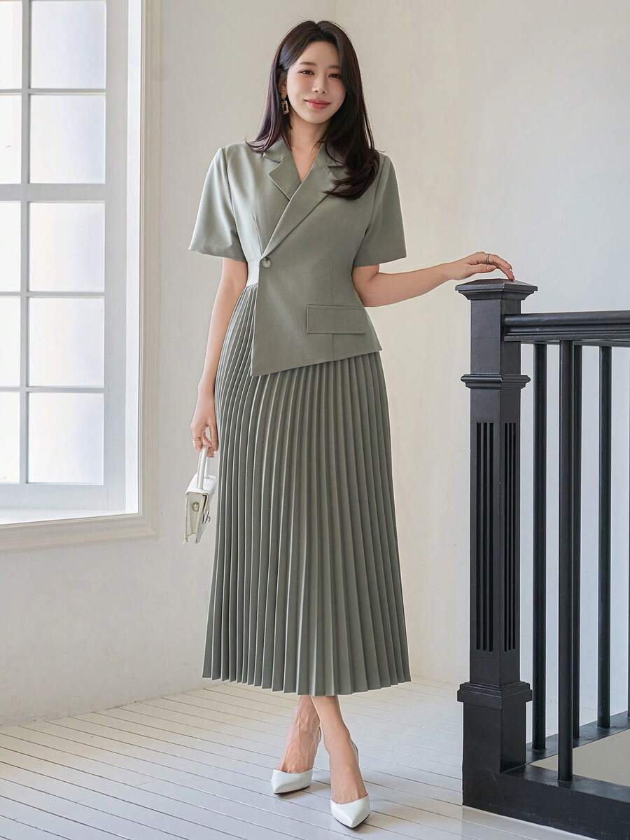 DAZY Đầm dài tay cài một nút màu trơn thanh lịch dành cho nữ, đầm dự tiệc cưới, đầm hè cho nữ. - màu xanh lá - Xem 1