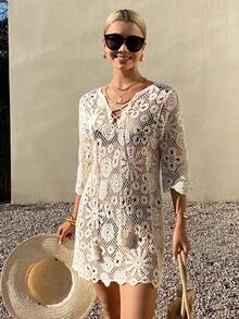 DAZY Women's Crochet Hollow Out Bohemian Style Cover Up Cover Up For Summer Vacation Boho - Beige - View 8