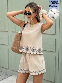 Serisse 女士夏季度假花卉刺绣圆领背心和短裤两件套 - 杏色 - 查看 4
