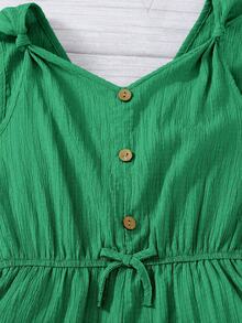 Jumpsuit Kasual Musim Panas Warna Hijau untuk Anak Perempuan Remaja, Rompi Bertekstur Tenun Gaya Rompi dengan Kancing Depan, Gaya Pastoral untuk Jalan-jalan Musim Semi & Minum Teh - Hijau - View 10