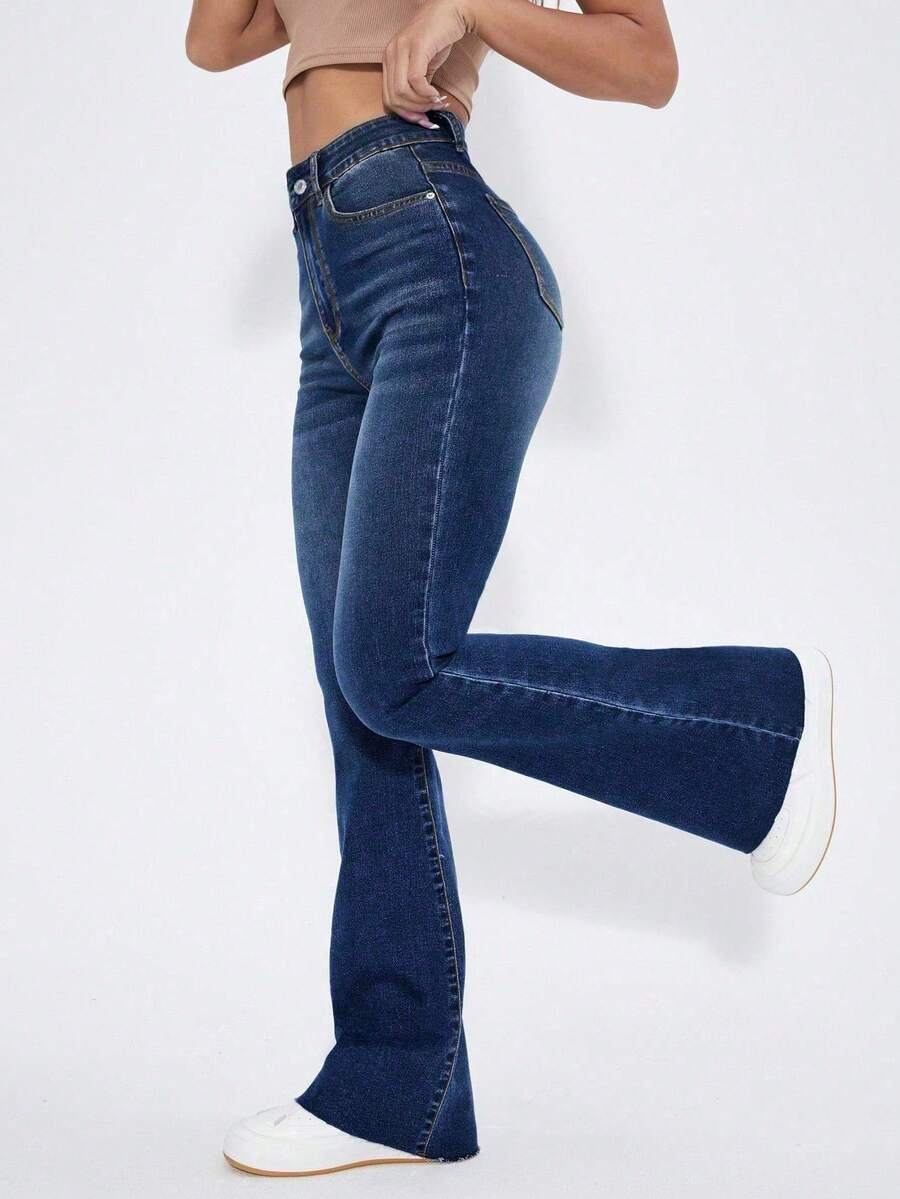 SHEIN EZwear Quần jeans ống loe cạp cao màu xanh denim đã giặt - Rửa nhẹ - Xem 1