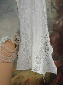 SHEIN DivaQ Sexy Lace Patchwork V-Neck Semi-Sheer Music Festival Shirt - White - View 6