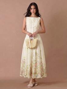 Enchnt 女士花卉刺绣船领纽扣半开襟无袖优雅连衣裙 - 綠色 - 查看 5