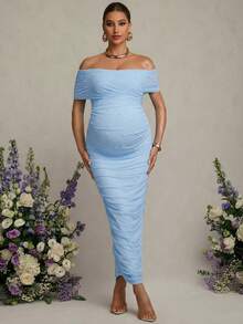 MaterniChic Maternity Solid Color Ruched Off-Shoulder Elegant Short Sleeve Dress - Baby Blue - View 5