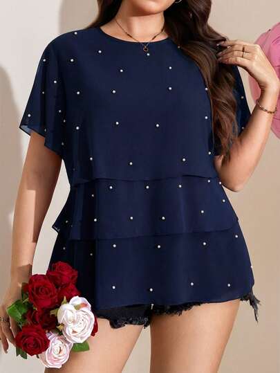 Comfylo Flowy Ruffle Hem Plus Size Women Short Sleeve Shirt, Elegant For Work Commute Summer For Women St Patrick Day Easter Summer Spring For Women Beach Saint Patrick Easter Lounge For Women Embellished Top Pearl Embellished Top Peplum Tops For Women Tops For Women Elegant Ruffle Sleeve Top