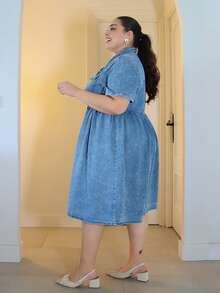 Pretty and Ole Plus Flap Pocket Shirt Denim Dress - Light Wash - View 6