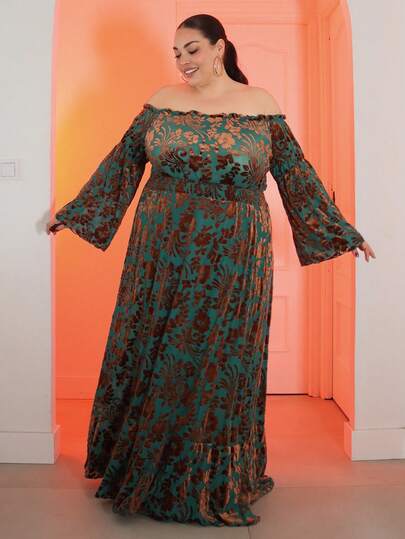 Pretty and Ole Vestido de manga acampanada con hombros descubiertos y estampado floral en talla grande, otoño