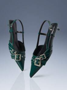 CUCCOO GRLICON 绿色漆皮尖头金属交叉绑带双扣小猫跟空心女鞋 - 綠色 - 查看 3