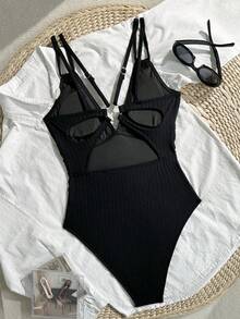 Swim Basics 新款黑色提花针织露背连体衣（女士款） - 黑色 - 查看 3