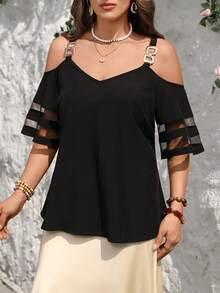 大码夏季休闲网纱拼接露肩短袖衬衫/夏季/度假/优雅，适合波西米亚风沙滩正式场合 - 黑色 - 查看 2