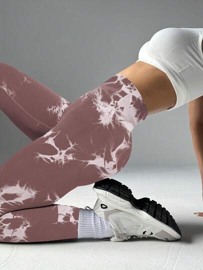 SHEIN Core Rhythm Tie-Dye Seamless Highly Elastic Sports Leggings Sport Studio High Waisted Seamless Slim Leggings For Women - Resilient Soft Touch Breathable 4-Way Stretch Legging For Running Cycling Yoga Pickleball Exercize Casual