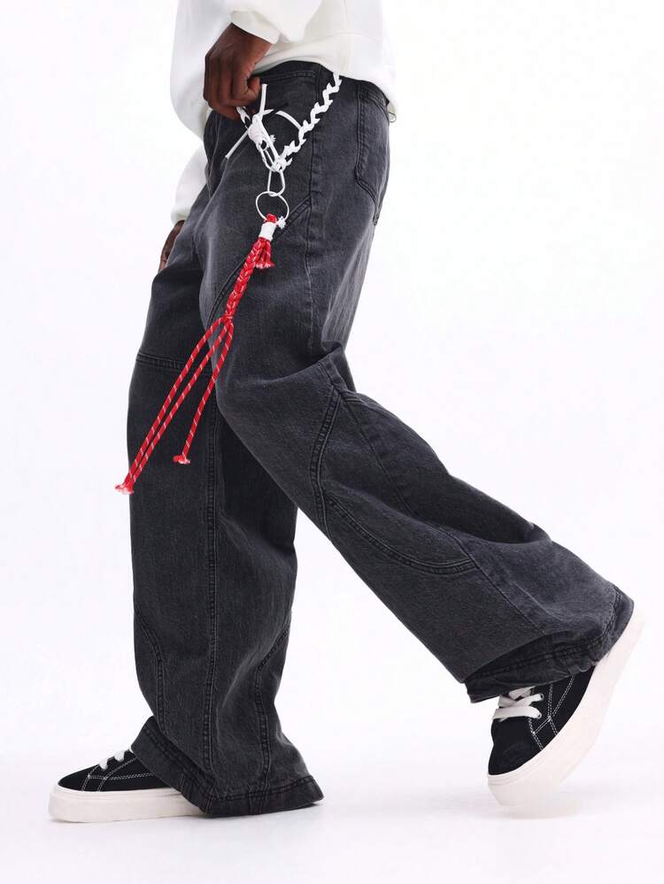 SUMWON Baggy Wide Leg Seamed Jeans With Chain Detail And Distressed Vintage Washed Denim For Streetwear Fashion Plain