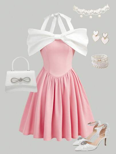 SHEIN Girlism Teen Girls Elegant Contrast Color Bow Tie Halter Party Dress, Suitable For Prom, Wedding, Party And Other Occasions