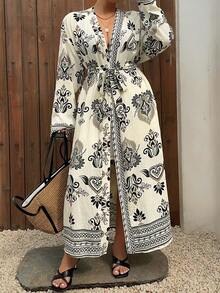 Dazy Plus Plus Size Summer Vacation Beach Allover Print Coverup Dress - Apricot - View 10