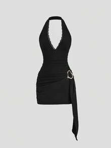 TRNVIE 女士春季连衣裙，深V领露背吊带性感连衣裙，金属装饰纽扣设计，修身弹力针织面料，不对称设计，适合约会、聚会、派对、正式场合 - 黑色 - 查看 4