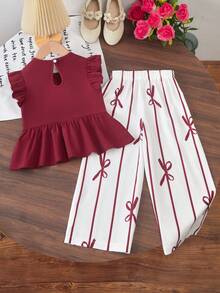 Elladie kids Young Girls Cute Ruffle Hem Asymmetrical Design & Bow Print Casual Pants Set - Burgundy - View 2