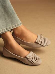 Rosivie 女士休闲流苏蝴蝶结装饰套脚乐福鞋 - 杏色 - 查看 9