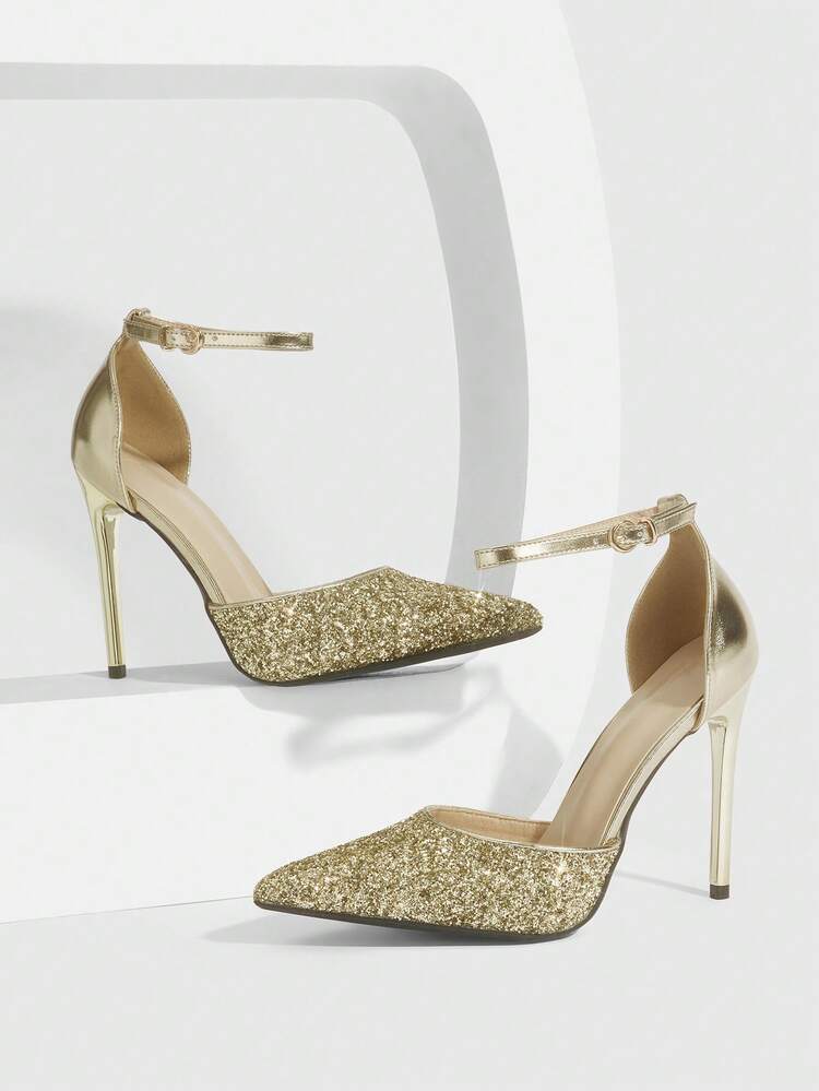 CUCCOO SZL Women Shoes Pointed Thin High Heel Gold Shiny Glitter Time Ankle Strap Women's Hollow Shoes Fashion Sexy Dinner Party Nightclub And Other Occasions Women's High Heel Shoes Women's Shoes Spring Shoes
