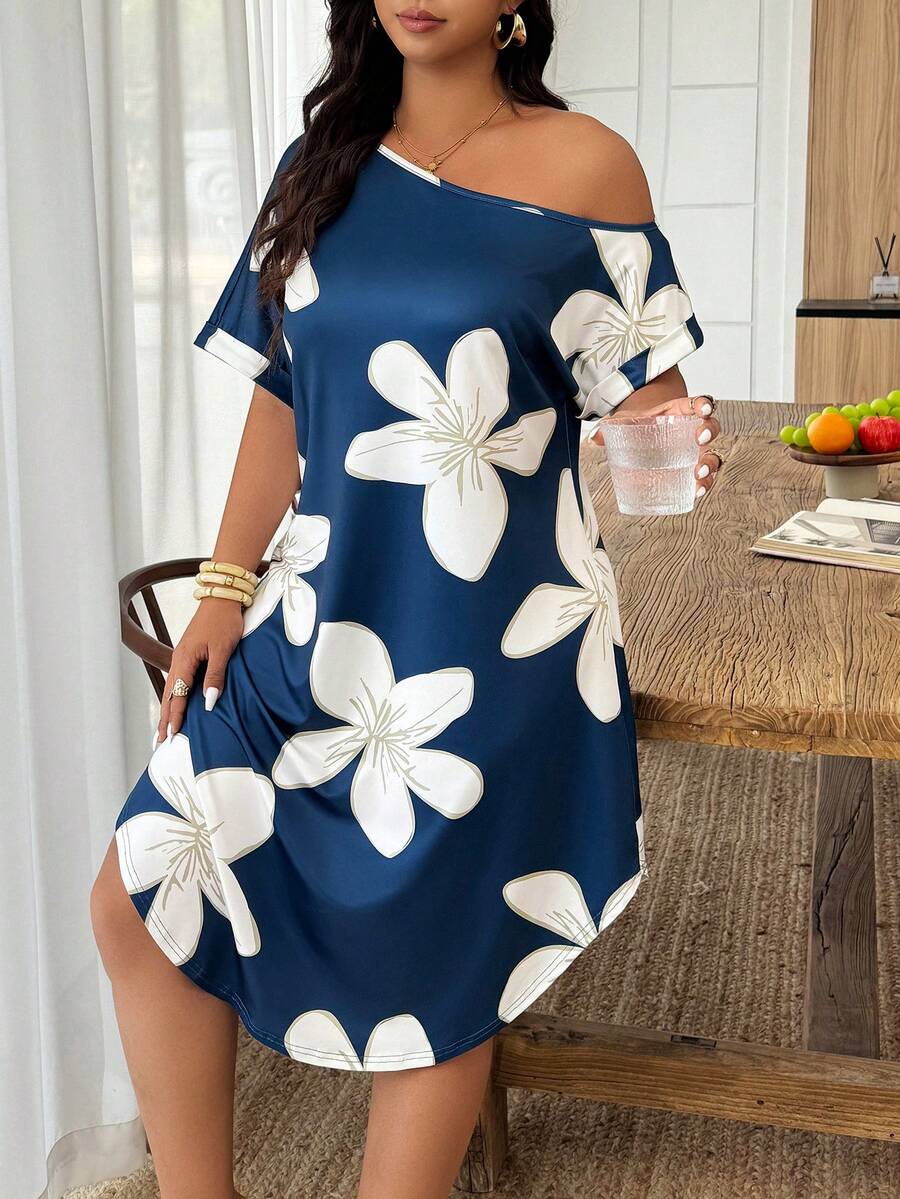 Weeklong Vestido mini de punto de unicolor con cuello redondo, hombros asimétricos y línea A holgada para mujer talla grande, para primavera/verano - Multicolor - Ver 1
