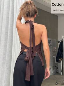 Siren Gaze Áo tank top màu nâu buộc dây hở lưng, áo tank top không tay cổ xếp ly cho nữ, áo cotton, áo kiểu mùa hè thoải mái, áo cổ yếm, áo kiểu thẩm mỹ, áo màu đất, áo cotton, áo dự tiệc, áo đi nghỉ mát, áo màu nâu sô cô la, áo màu nâu cà phê, áo màu nâu cho nữ, áo màu nâu đậm - màu nâu - Xem 4