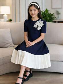 Đầm ngắn tay xếp ly thắt nơ cho bé gái tuổi teen, dáng rộng, thích hợp mùa xuân/hè. - Nhiều màu - Xem 8