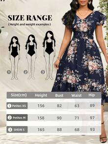 SHEIN Lady Petite Vestido midi con estampado floral, volantes, pliegues en el bajo, cinturón - Vestido casual elegante para fiestas, eventos, oficina, vacaciones, té, verano para mujer - Azul y blanco - Ver 9