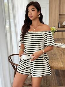 SHEIN LUNE Plus Size Women's Strapless Frill Trim Striped Shorts Set, Spring/Summer - Multicolor - View 5