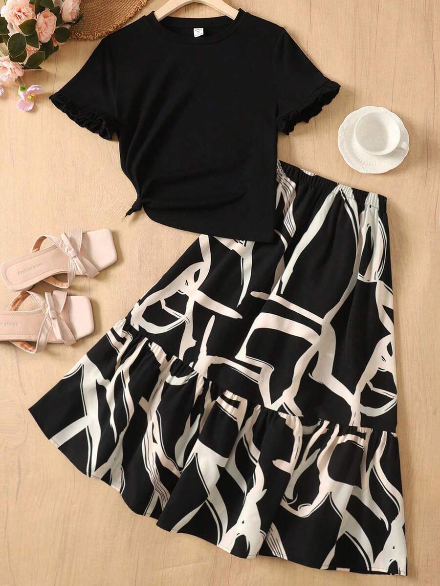 SHEIN 少女碎花套装，优雅通勤休闲T恤和迷你裙 - 黑色 - 查看 1