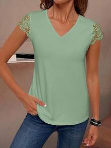 EMERY ROSE Casual Versatile Solid Color Lace Patchwork T-Shirt, Summer - Mint Green - View 4