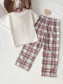 女童罗纹水果刺绣圆领短袖上衣和格子印花裤儿童睡衣套装 - 白色 - 查看 2