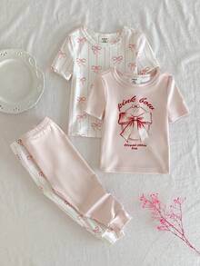 4pcs Baby GirlSoft & Skin-Friendly Butterfly Print Snug Fit Crew Neck Short Sleeve Top And Pants Pajama Set - Pink - View 1