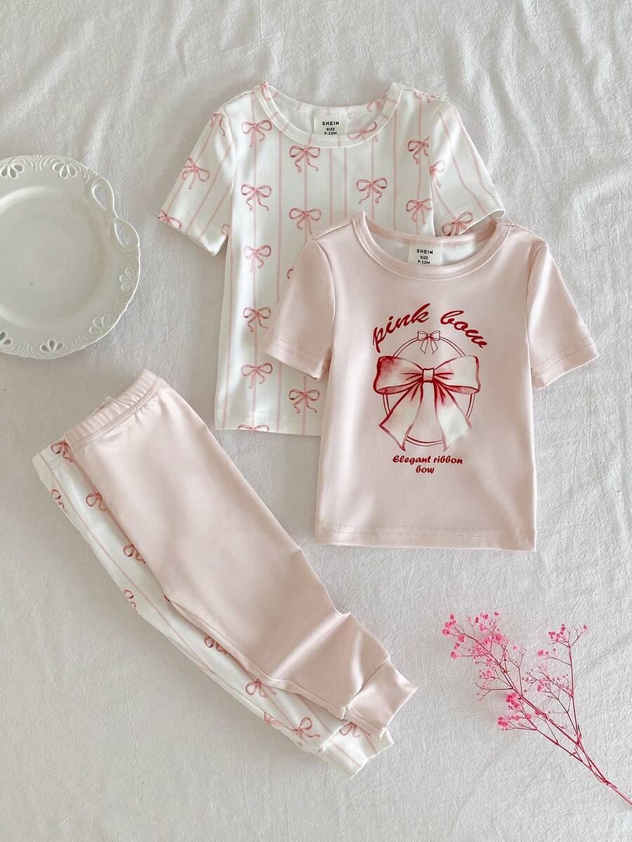 4pcs Baby GirlSoft & Skin-Friendly Butterfly Print Snug Fit Crew Neck Short Sleeve Top And Pants Pajama Set - Pink - View 1