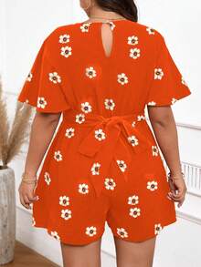 EMERY ROSE Plus Size Women Floral Print V-Neck Drawstring Waist A-Line Short Sleeve Casual Elegant Shorts, Spring/Summer Women's Floral Romper Orange Floral Romper Plus Size Romper Orange Romper - Burnt Orange - View 2