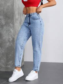 SHEIN ICON Jeans casuales de mujer con bolsillo frontal y diseño sencillo - Azul lavado medio - Ver 4