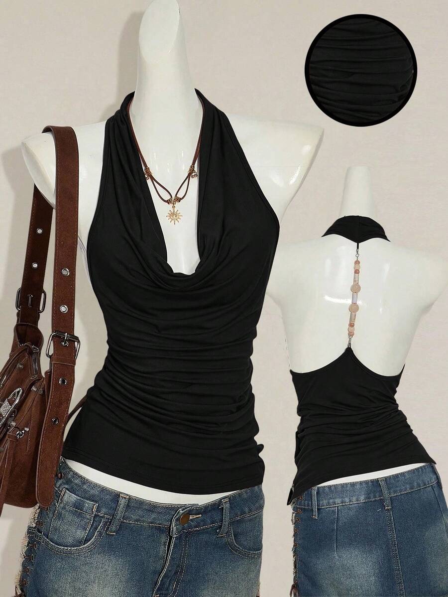 SHEIN ICON 女士棕色复古设计性感露背串珠垂褶领吊带衫 - 黑色 - 查看 1